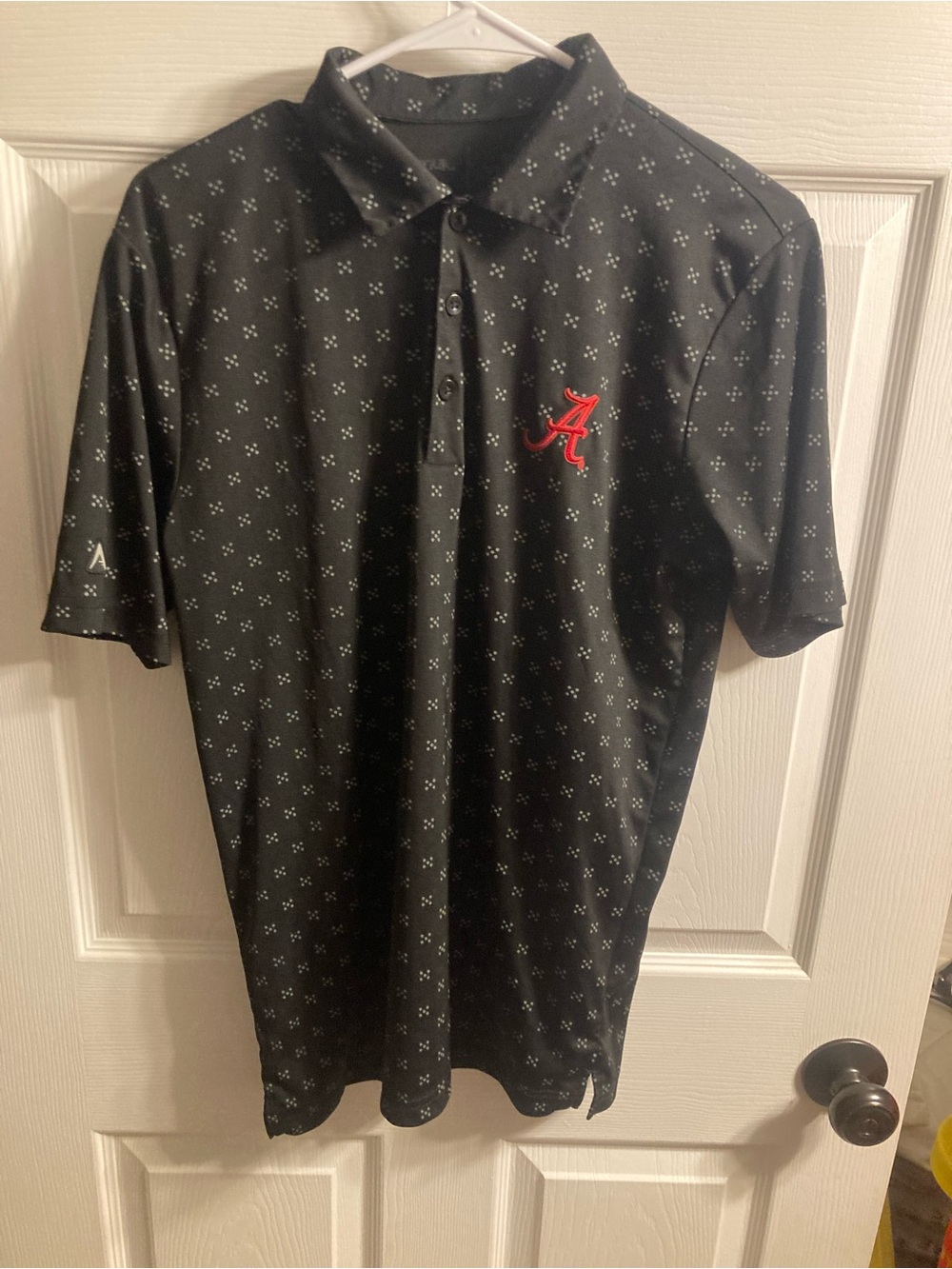 Antigua Black Alabama Polo with Red Script 'A' Chest Logo